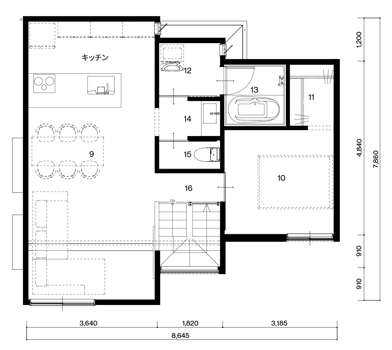 六坊北分譲住宅 2階の平面図。図中の番号は下の部屋一覧に対応